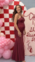 Burgundy Sequin Halter Mermaid Maternity Maxi Dress with Floral Embroidery and Open Back for Baby Shower, Maternity Photoshoot, Pregnancy Announcement, Gender Reveal, Wedding Guest, Christmas Photos and Formal Events | Bumplook