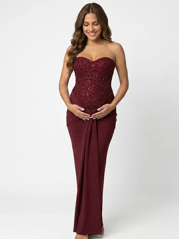 burgundy sequin strapless maternity maxi dress with ruched bodycon silhouette