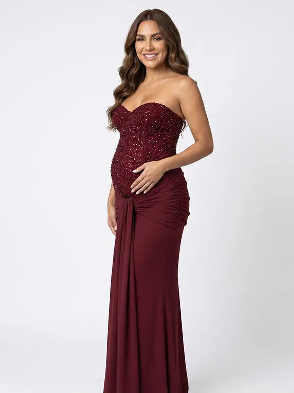 burgundy sequin strapless maternity maxi dress with ruched bodycon silhouette
