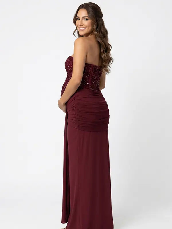 burgundy sequin strapless maternity maxi dress with ruched bodycon silhouette