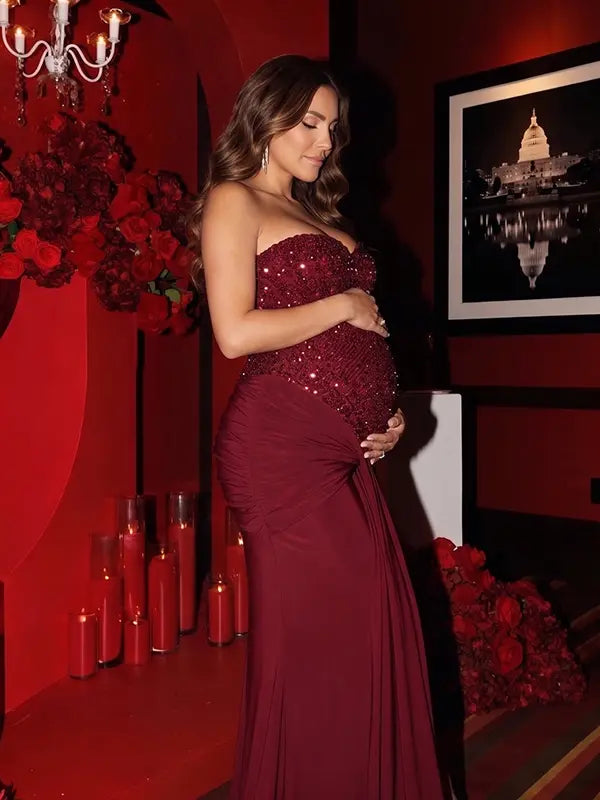 burgundy sequin strapless maternity maxi dress with ruched bodycon silhouette