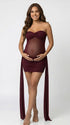 burgundy strapless maternity mini dress with ruched skirt and draped side panels
