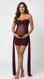 burgundy strapless maternity mini dress with ruched skirt and draped side panels