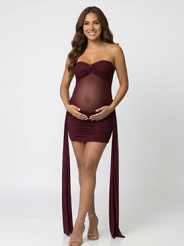 burgundy strapless maternity mini dress with ruched skirt and draped side panels