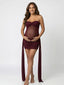 Burgundy Strapless Ruched Maternity Mini Dress with Draped Panels