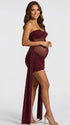 burgundy strapless maternity mini dress with ruched skirt and draped side panels