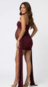 burgundy strapless maternity mini dress with ruched skirt and draped side panels