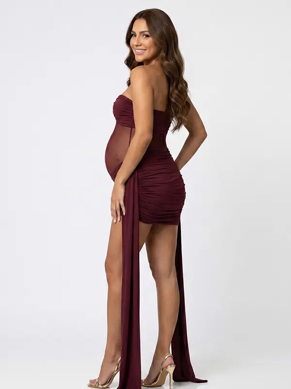 burgundy strapless maternity mini dress with ruched skirt and draped side panels