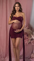burgundy strapless maternity mini dress with ruched skirt and draped side panels