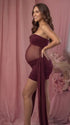 burgundy strapless maternity mini dress with ruched skirt and draped side panels