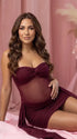burgundy strapless maternity mini dress with ruched skirt and draped side panels