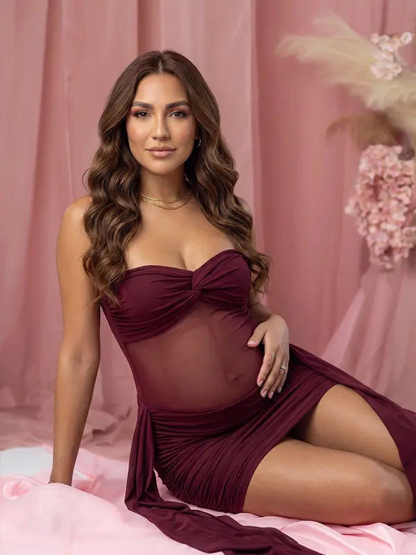 burgundy strapless maternity mini dress with ruched skirt and draped side panels