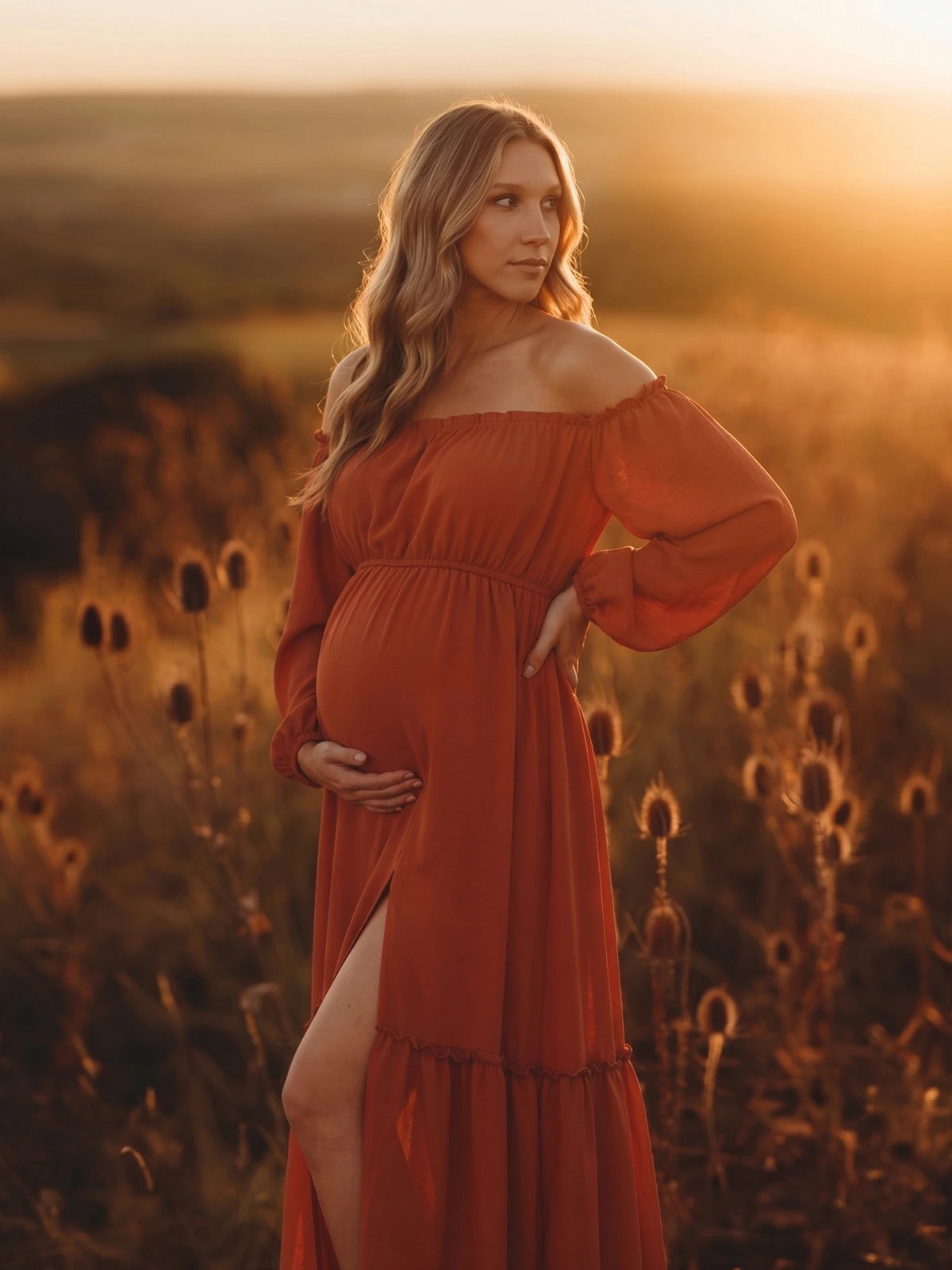 Burnt Orange Maternity Maxi Dress, Flowy Pregnancy Dress for Baby Shower, Maternity Photoshoot, Gender Reveal, Pregnancy Announcement, Wedding Guest, Formal Events | Bumplook