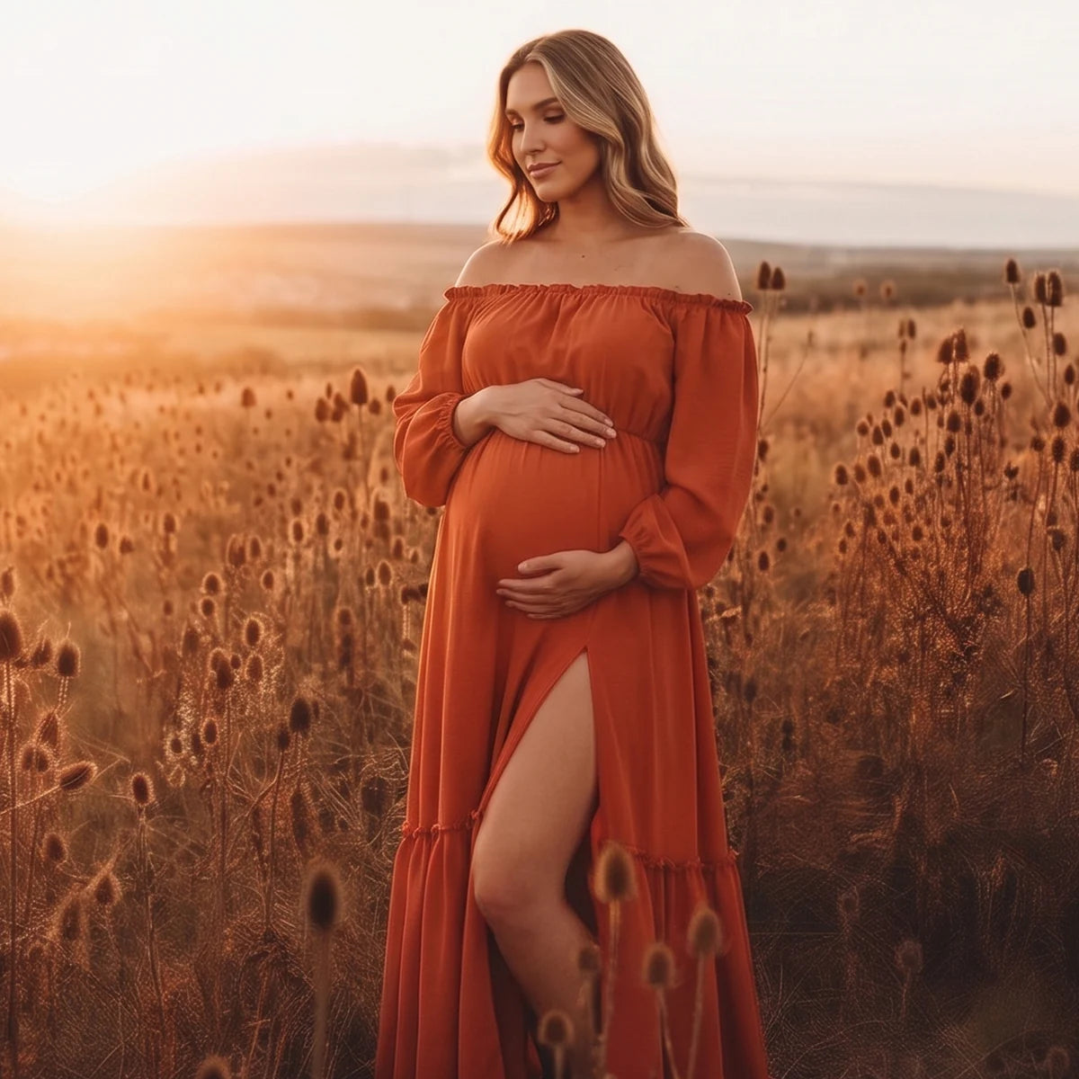 Burnt Orange Long Sleeve Maternity Dress, Off Shoulder Dress for Baby Shower, Maternity Photoshoot, Gender Reveal, Pregnancy Announcement, Wedding Guest, Formal Events | Bumplook