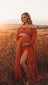 Burnt Orange Long Sleeve Maternity Dress, Off Shoulder Dress for Baby Shower, Maternity Photoshoot, Gender Reveal, Pregnancy Announcement, Wedding Guest, Formal Events | Bumplook