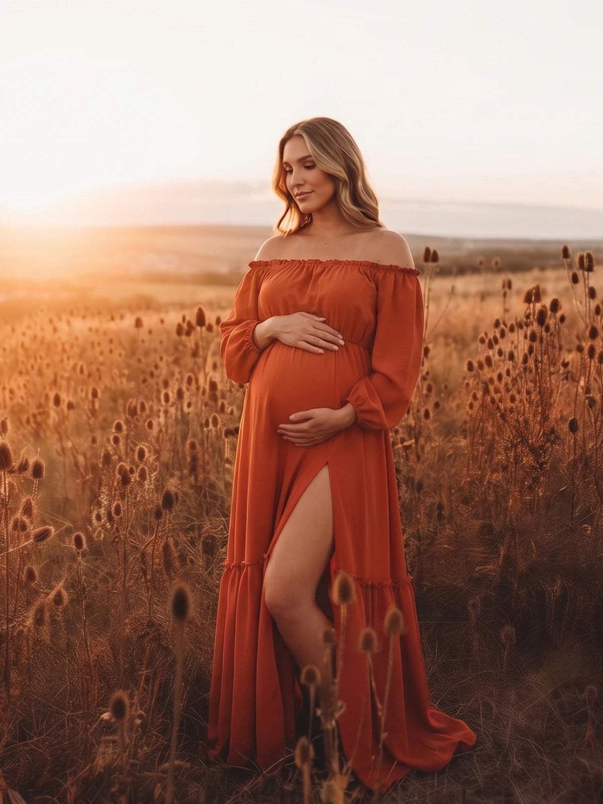 Burnt Orange Long Sleeve Maternity Dress, Off Shoulder Dress for Baby Shower, Maternity Photoshoot, Gender Reveal, Pregnancy Announcement, Wedding Guest, Formal Events | Bumplook