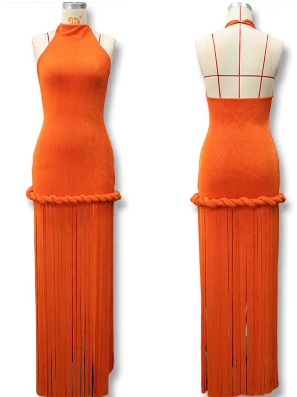 Burnt orange fringe halter maternity maxi dress with tassel hem, bodycon pregnancy gown for fall baby showers, pumpkin patch maternity photoshoots, harvest celebrations, and autumn pregnancy portraits.