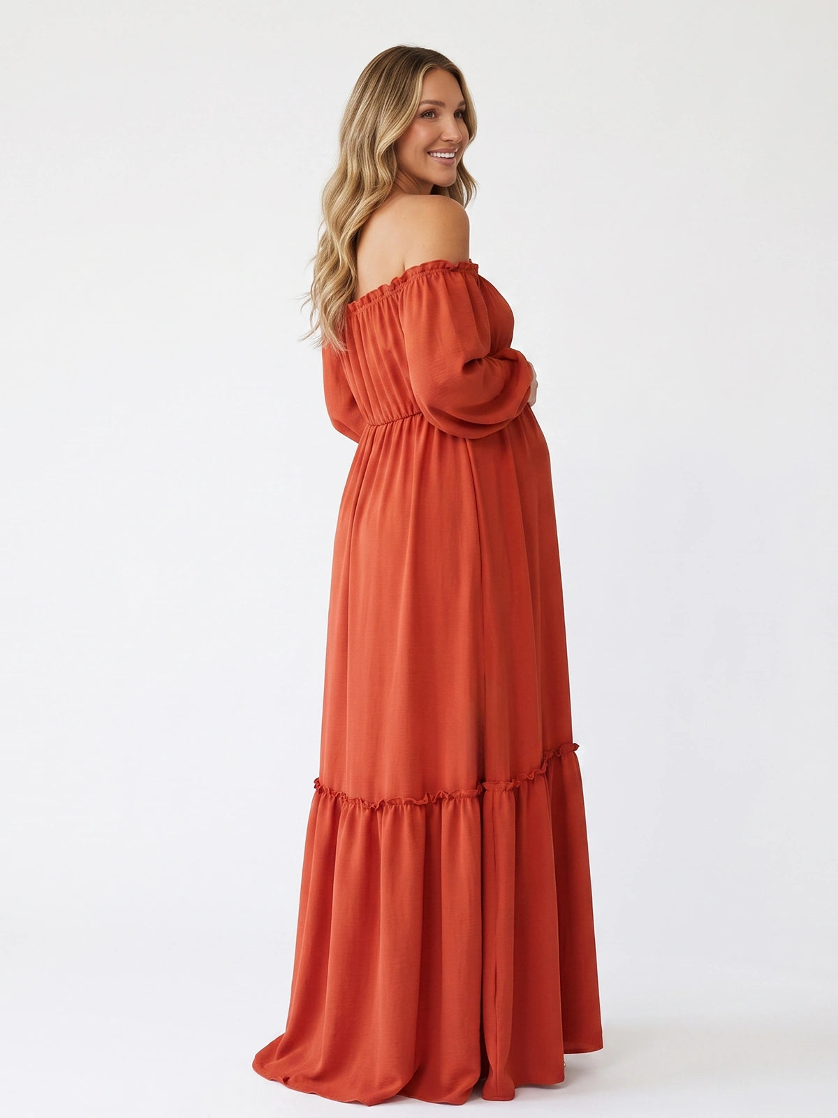 Burnt Orange Baby Shower Dress, Long Sleeve Maternity Maxi Dress for Maternity Photoshoot, Gender Reveal, Pregnancy Announcement, Wedding Guest, Formal Events | Bumplook