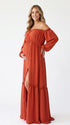 Burnt Orange Boho Maternity Dress, Off Shoulder Maxi Dress for Baby Shower, Maternity Photoshoot, Pregnancy Announcement, Gender Reveal, Wedding Guest | Bumplook
