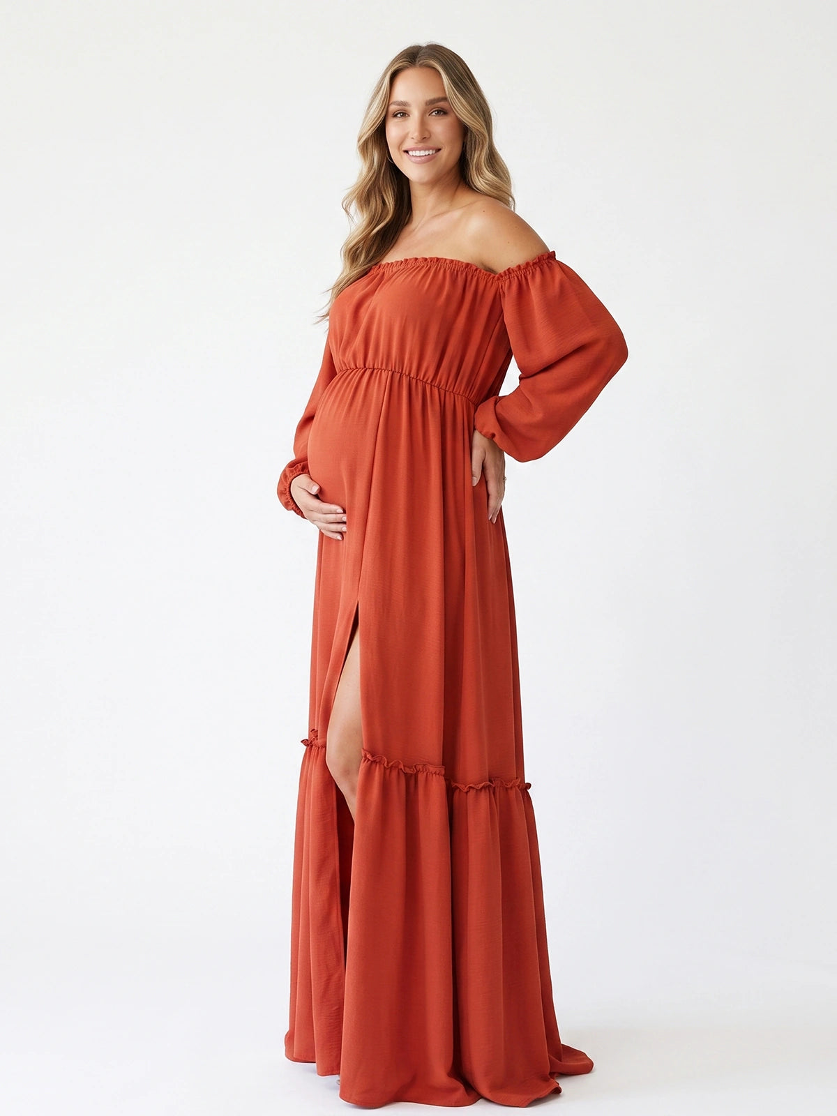 Burnt Orange Boho Maternity Dress, Off Shoulder Maxi Dress for Baby Shower, Maternity Photoshoot, Pregnancy Announcement, Gender Reveal, Wedding Guest | Bumplook