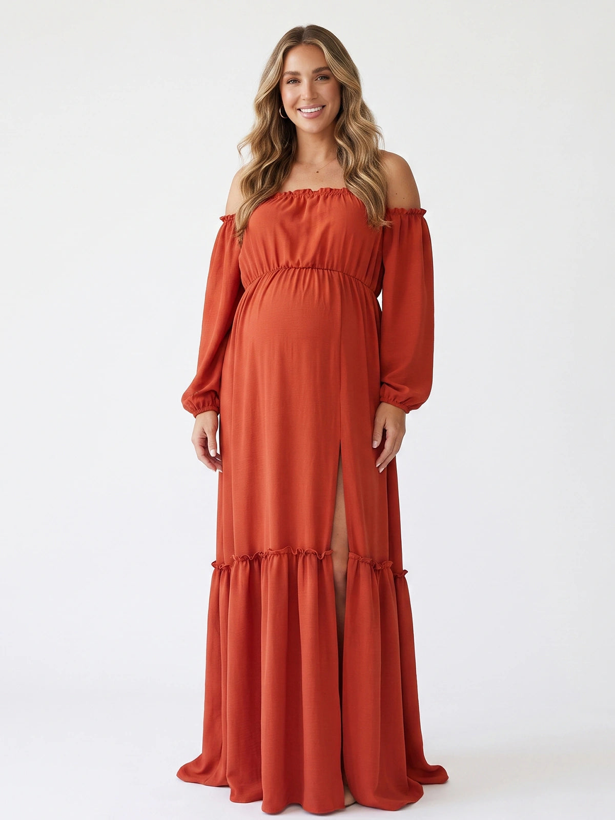 Burnt Orange Fall Maternity Photoshoot Dress, Boho Maxi Dress for Baby Shower, Pregnancy Announcement, Gender Reveal, Wedding Guest, Formal Events | Bumplook