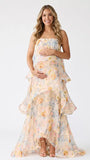 Butter Cream Floral Tiered Ruffle Adjustable Strap Maternity Maxi Dress for Baby Shower, Bridal Shower, Garden Party, Maternity Photoshoot, Pregnancy Announcement and Spring Wedding | Bumplook