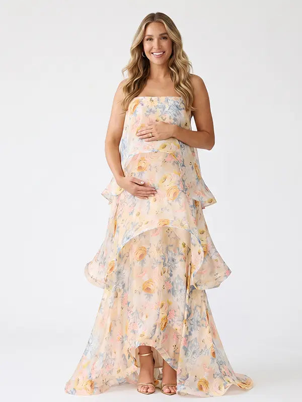 Butter Cream Floral Tiered Ruffle Adjustable Strap Maternity Maxi Dress for Baby Shower, Bridal Shower, Garden Party, Maternity Photoshoot, Pregnancy Announcement and Spring Wedding | Bumplook