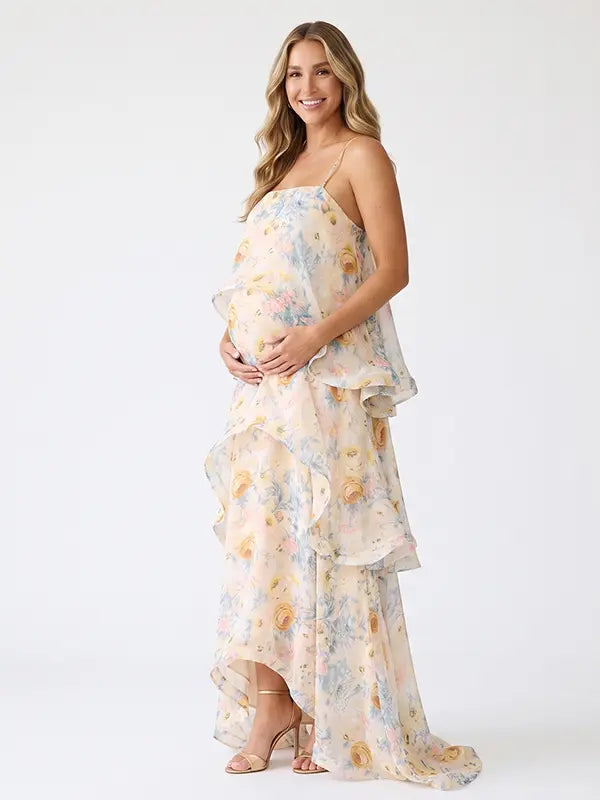 Butter Cream Floral Tiered Ruffle Adjustable Strap Maternity Maxi Dress for Baby Shower, Bridal Shower, Garden Party, Maternity Photoshoot, Pregnancy Announcement and Spring Wedding | Bumplook