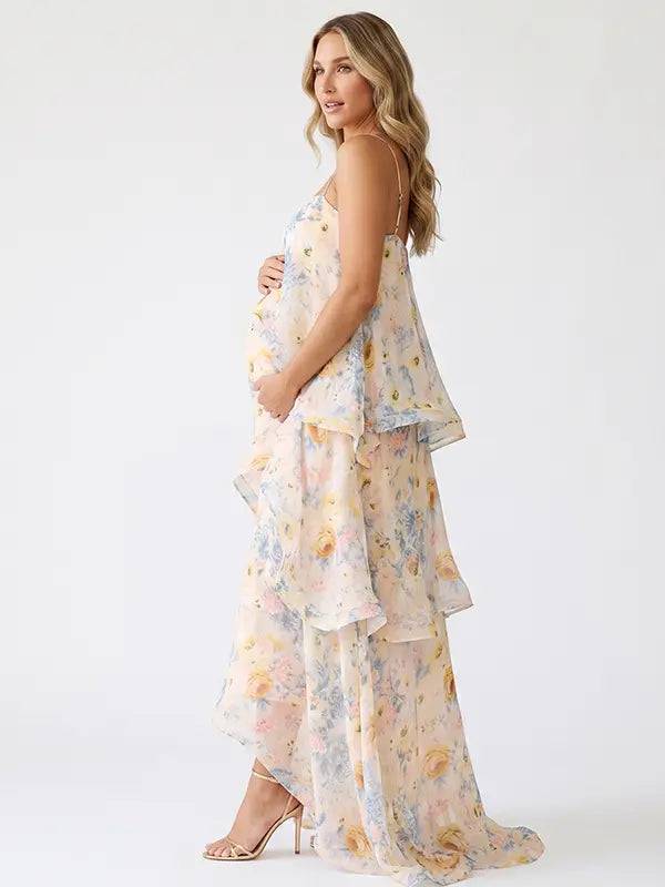Butter Cream Floral Tiered Ruffle Adjustable Strap Maternity Maxi Dress for Baby Shower, Bridal Shower, Garden Party, Maternity Photoshoot, Pregnancy Announcement and Spring Wedding | Bumplook