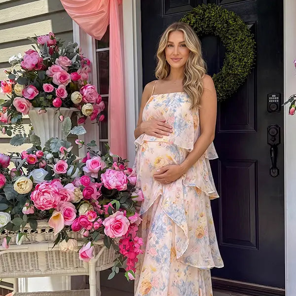 Butter Cream Floral Tiered Ruffle Adjustable Strap Maternity Maxi Dress for Baby Shower, Bridal Shower, Garden Party, Maternity Photoshoot, Pregnancy Announcement and Spring Wedding | Bumplook