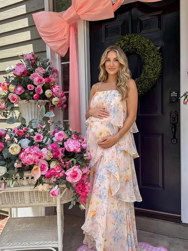 Butter Cream Floral Tiered Ruffle Adjustable Strap Maternity Maxi Dress for Baby Shower, Bridal Shower, Garden Party, Maternity Photoshoot, Pregnancy Announcement and Spring Wedding | Bumplook