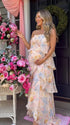 Butter Cream Floral Tiered Ruffle Adjustable Strap Maternity Maxi Dress for Baby Shower, Bridal Shower, Garden Party, Maternity Photoshoot, Pregnancy Announcement and Spring Wedding | Bumplook
