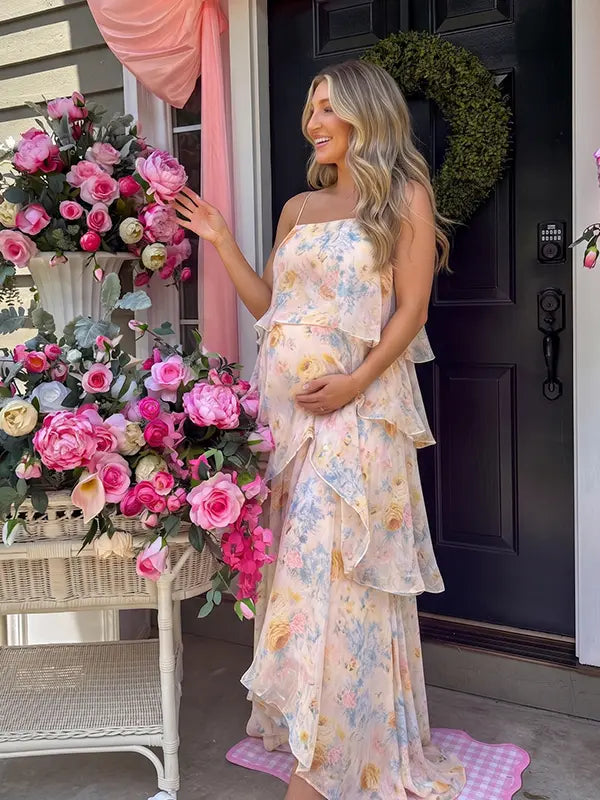 Butter Cream Floral Tiered Ruffle Adjustable Strap Maternity Maxi Dress for Baby Shower, Bridal Shower, Garden Party, Maternity Photoshoot, Pregnancy Announcement and Spring Wedding | Bumplook