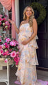 Butter Cream Floral Tiered Ruffle Adjustable Strap Maternity Maxi Dress for Baby Shower, Bridal Shower, Garden Party, Maternity Photoshoot, Pregnancy Announcement and Spring Wedding | Bumplook