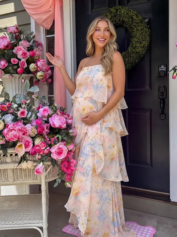 Butter Cream Floral Tiered Ruffle Adjustable Strap Maternity Maxi Dress for Baby Shower, Bridal Shower, Garden Party, Maternity Photoshoot, Pregnancy Announcement and Spring Wedding | Bumplook