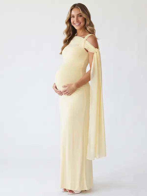 Yellow Maternity Dress with Flowing Cape Sleeves for Baby Shower and Pregnancy Photoshoot | Bumplook