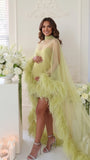 Shop this butter yellow maternity photoshoot cape with sheer tulle, dramatic feather trim and a flowing train. A statement piece for pregnancy portraits.