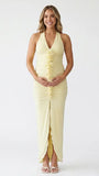 butter yellow floral halter maternity dress with ruched silhouette and front slit for baby shower