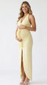 butter yellow floral halter maternity dress with ruched silhouette and front slit for baby shower
