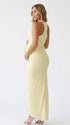 butter yellow floral halter maternity dress with ruched silhouette and front slit for baby shower
