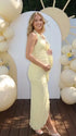 butter yellow floral halter maternity dress with ruched silhouette and front slit for baby shower