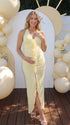 butter yellow floral halter maternity dress with ruched silhouette and front slit for baby shower