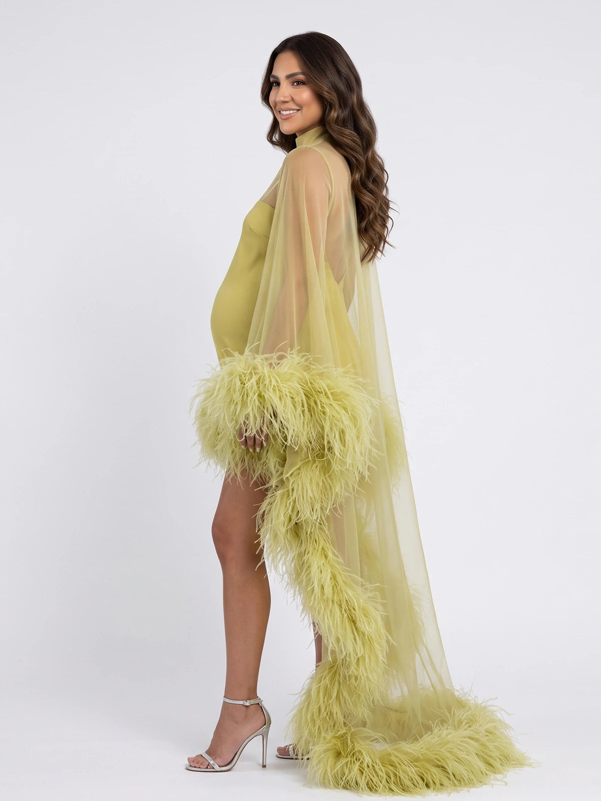 Butter Yellow Feather Trim Pregnancy Announcement Cape, Sheer Maternity Photoshoot Outfit for Baby Shower, Maternity Photoshoot, Gender Reveal, Pregnancy Announcement, Wedding Guest, Bridal Shower, Formal Events | Bumplook
