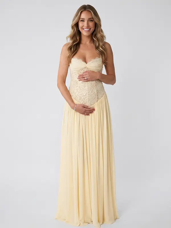 Butter Yellow Maternity Dress, Lace Halter Pregnancy Maxi Dress for Baby Shower, Maternity Photoshoot, Gender Reveal, Pregnancy Announcement, Bridal Shower, Formal Events | Bumplook