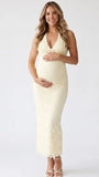 Butter Yellow Lace Maternity Dress with Halter V-Neck and Bodycon Fit | Bumplook