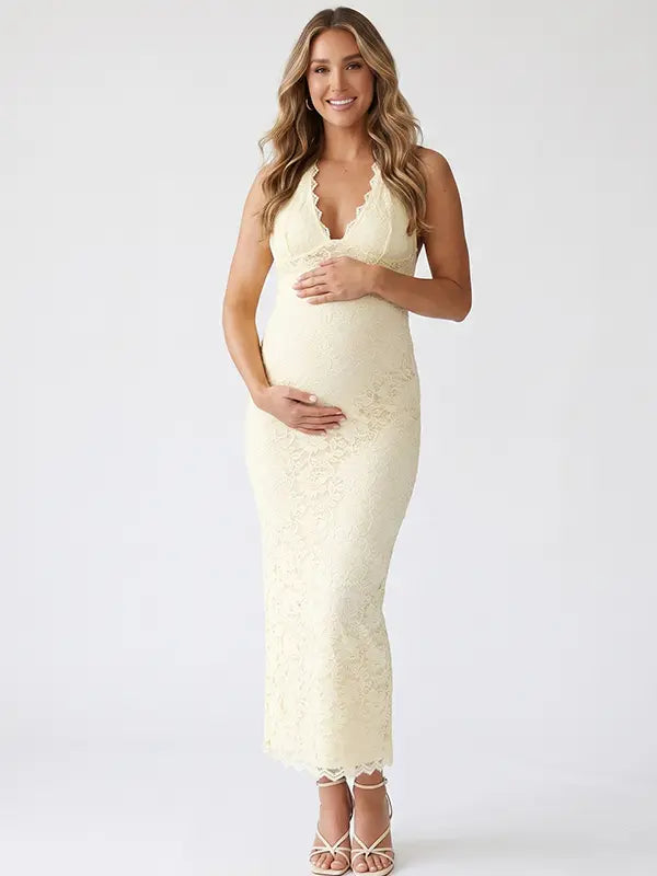 Butter Yellow Lace Maternity Dress with Halter V-Neck and Bodycon Fit | Bumplook