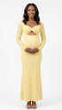 butter yellow lace maternity gown with long sleeves twist front neckline and mermaid silhouette