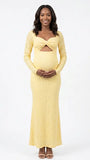 butter yellow lace maternity gown with long sleeves twist front neckline and mermaid silhouette