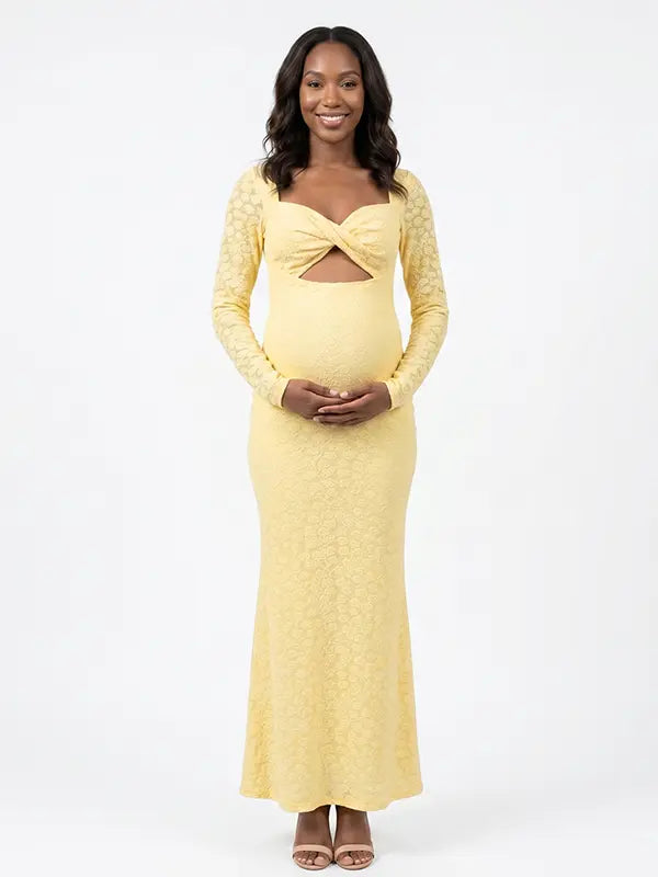 butter yellow lace maternity gown with long sleeves twist front neckline and mermaid silhouette