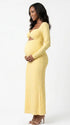butter yellow lace maternity gown with long sleeves twist front neckline and mermaid silhouette